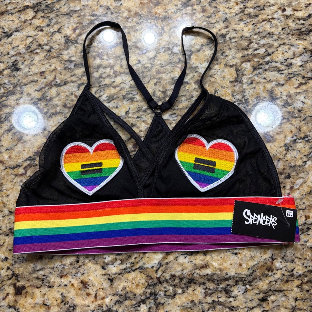 NEW BodyRage Spencers Rainbow Pride Equality‎ Heart Mesh Bralette Black S/M